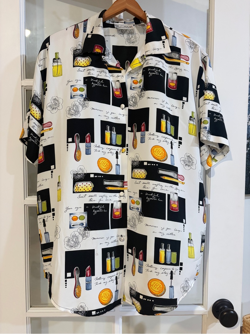 Vintage Makeup Print Blouse Short Sleeve Button Down Lipstick Perfume Fashion